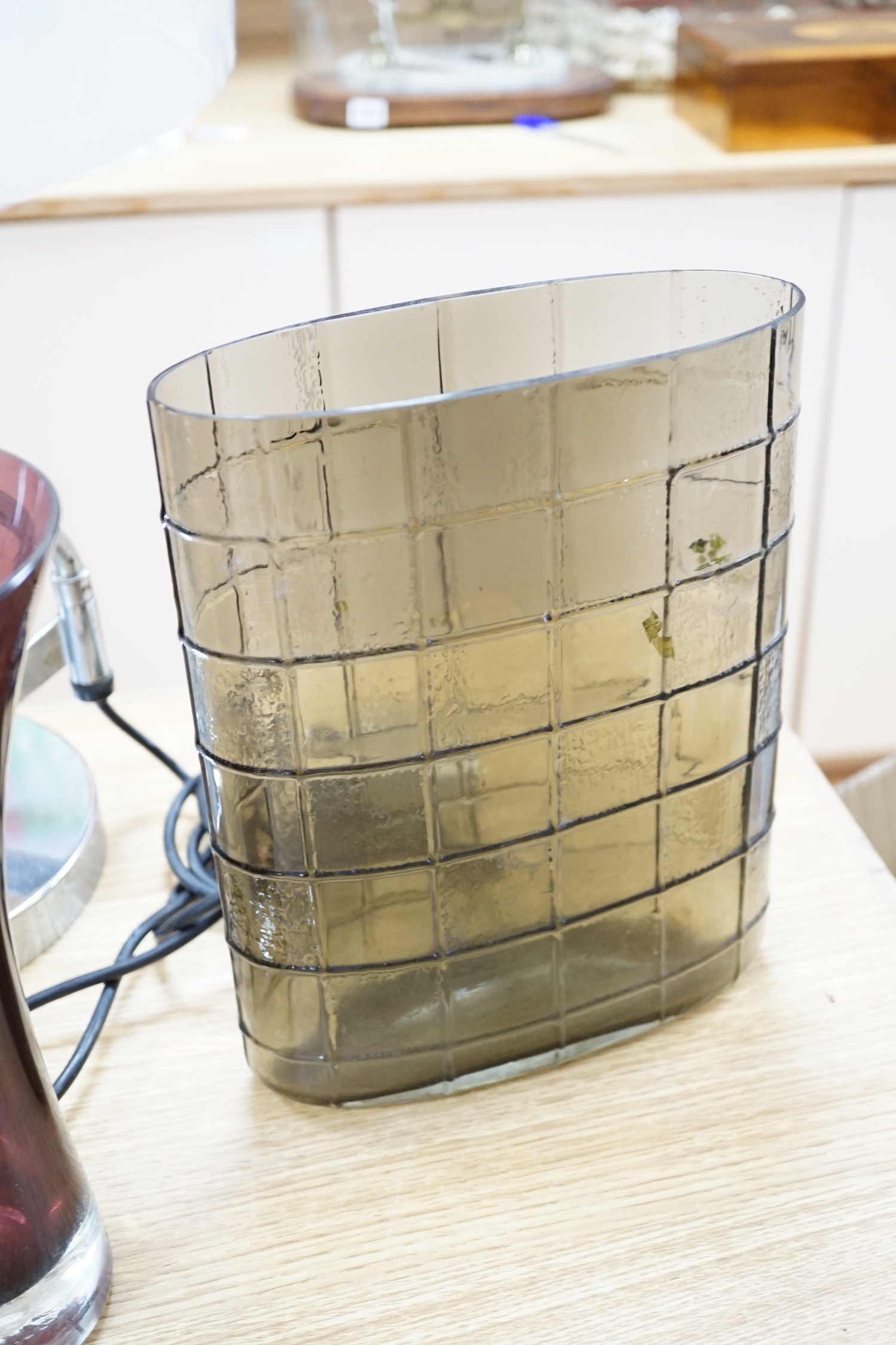 Two modern glass vases and a modernist table lamp with Perspex shade, largest 57cm high